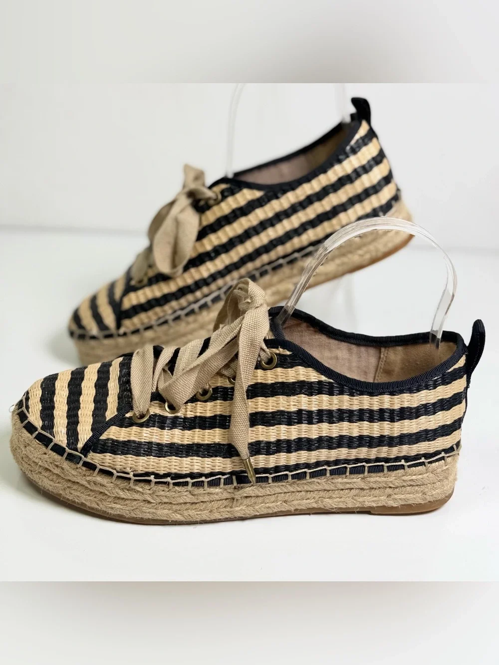 Sam Edelman Celina Raffia Platform Espadrille Sneakers Women 9 Black Tan Stripe